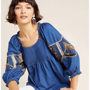 Anthropologie Seen Worn Kept Balloon Sleeve Bohemian Denim Top / Blouse